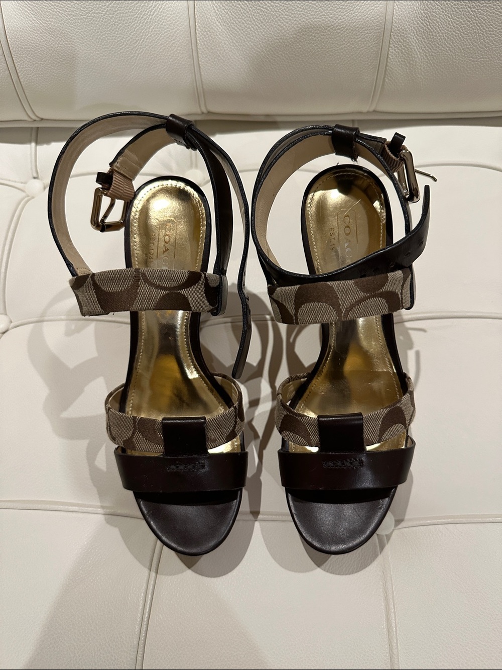 Coach Brown Canvas & Dark Brown Leather Platform Sandals